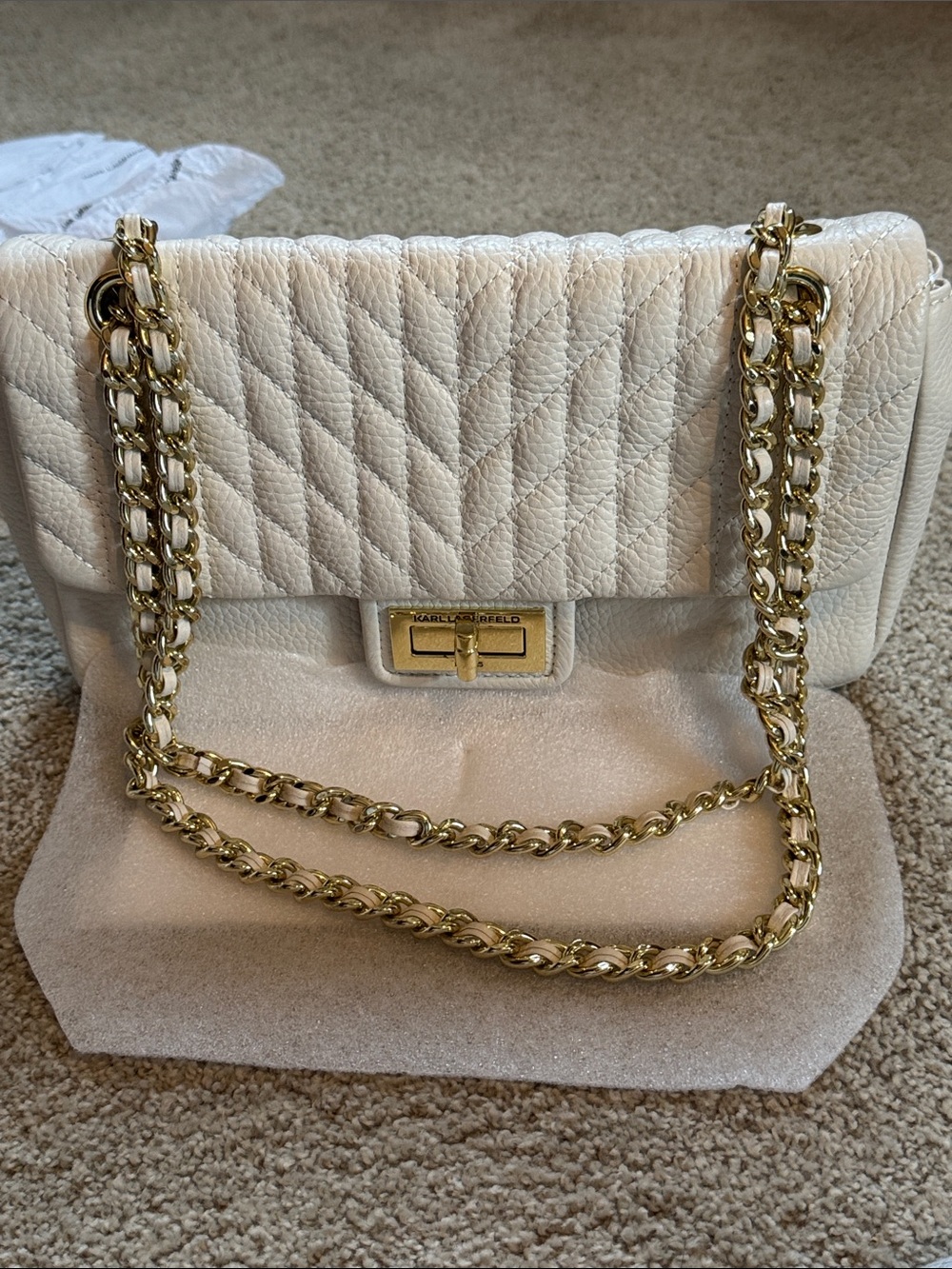 Karl Lagerfeld Cream Quilted Shoulder Bag with Gold Chain